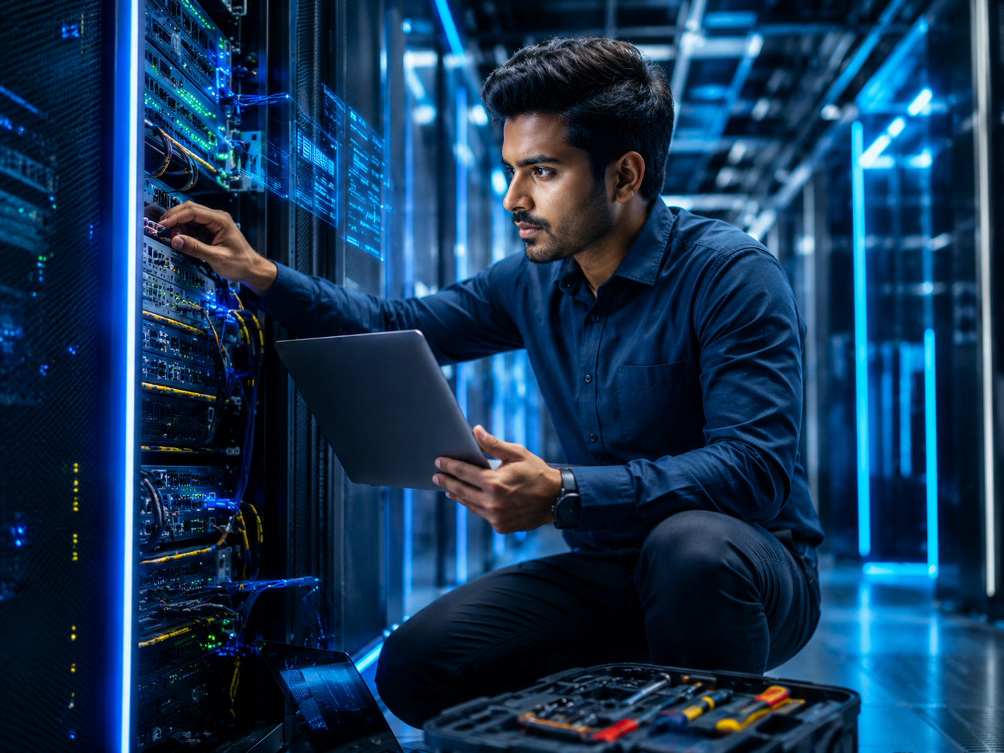 Field engineer working on server infrastructure
